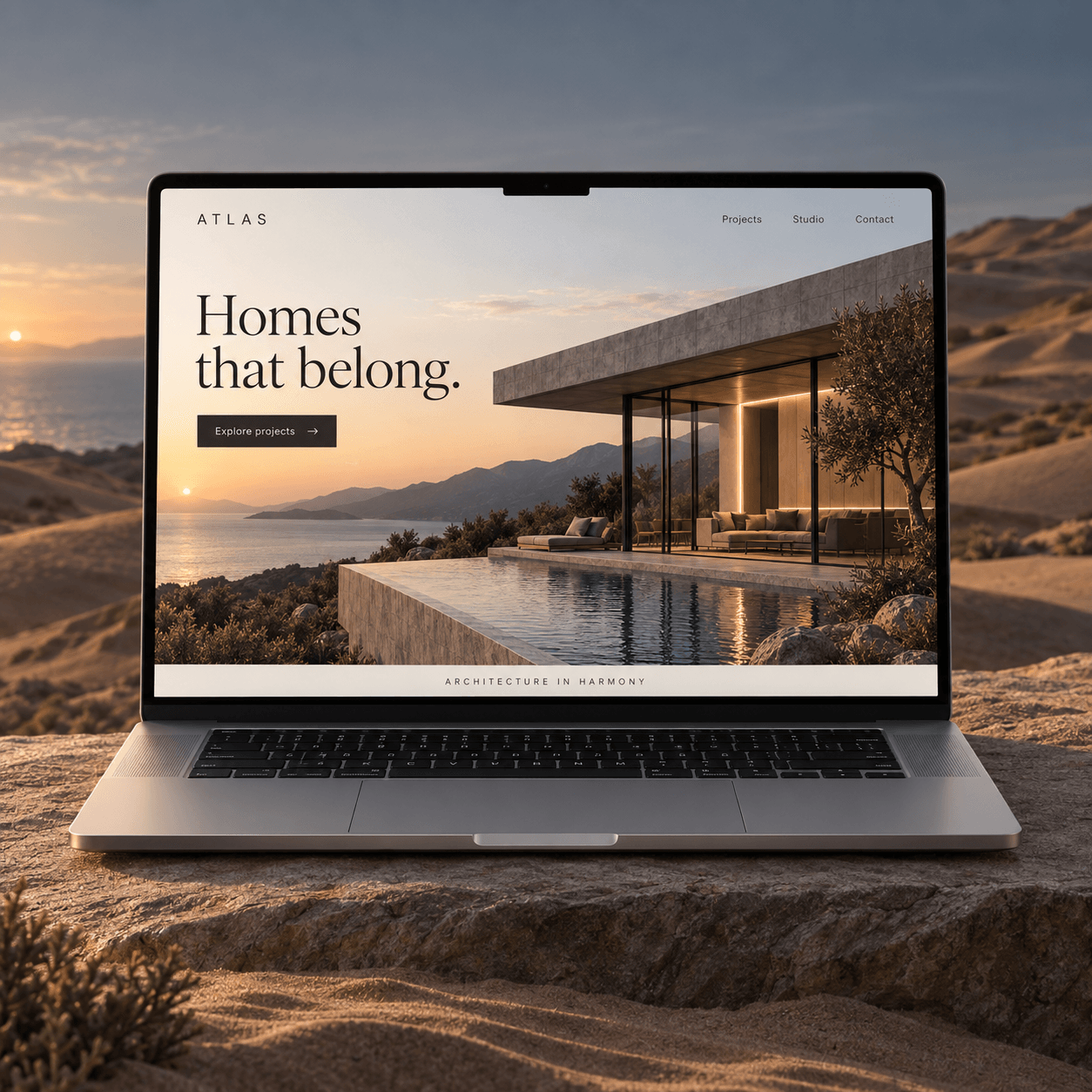 A concept architecture website on a laptop, photographed in a desert landscape.