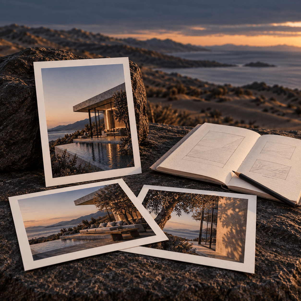 Architectural proof prints, a pencil and a planning notebook on stone in a dusk dune landscape. Illustrative creative planning.