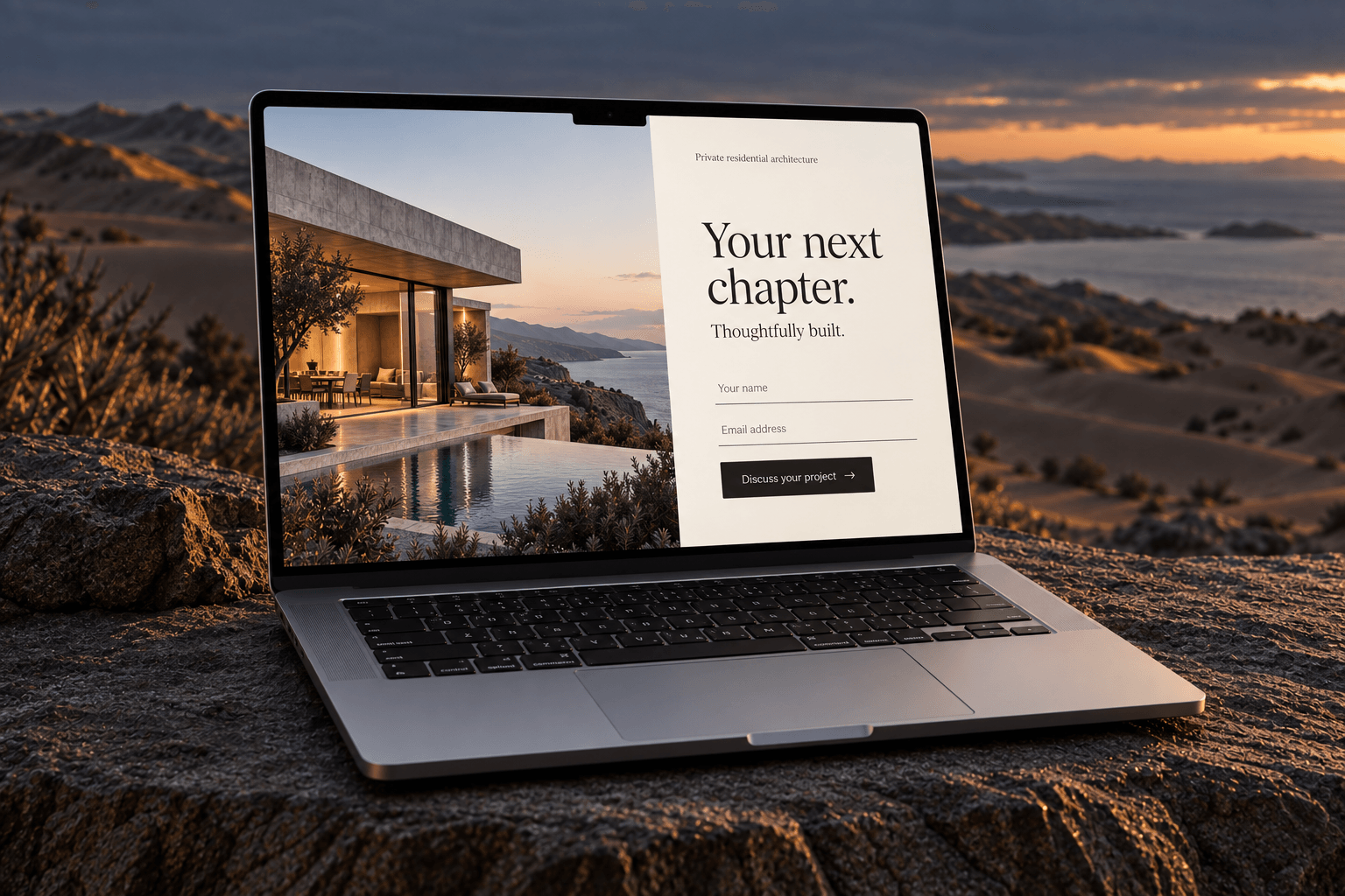 A focused architectural consultation page on a silver laptop in a dusk dune landscape.