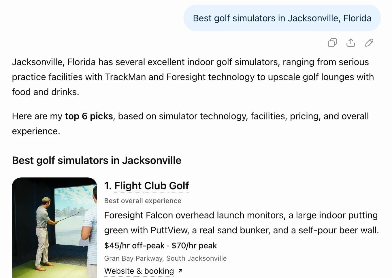 ChatGPT answering "best golf simulators in Jacksonville, Florida": its top 6 picks, with 1. Flight Club Golf, best overall experience, listed first.